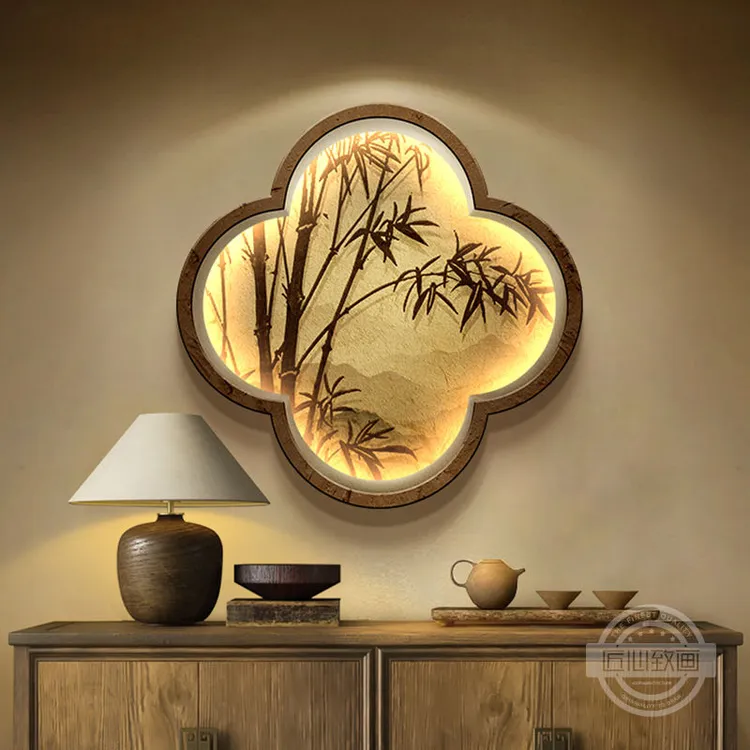 新中式玄关装饰画高级感客厅背景墙挂画禅意茶室砂岩肌理带灯壁画