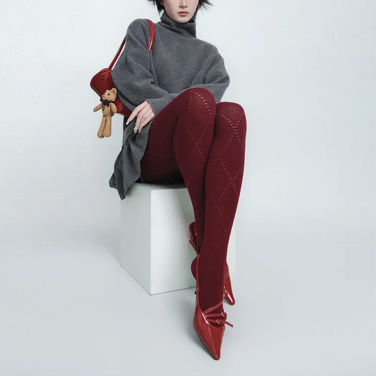 WCH秋冬格雷系安哥拉红菱格镂空棉质显瘦保暖显瘦打底裤连裤袜女