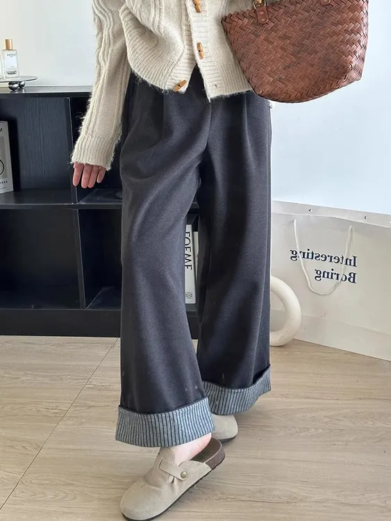 灰色百搭阔腿裤女秋季胖妹妹宽松显瘦人字纹休闲裤卷边直筒毛呢裤
