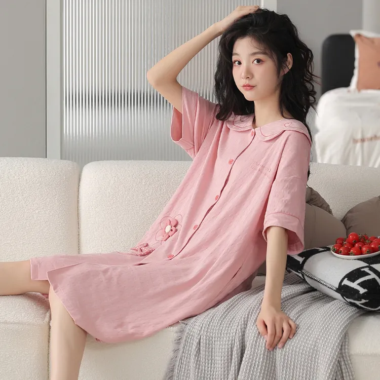 夏季睡裙女中袖简约宽松过膝睡裙夏天女士薄款少女大码睡衣家居服