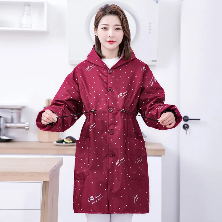 绘美姿时尚连帽防水防油秋冬加绒加厚长袖罩衣厨房工作服家用可爱