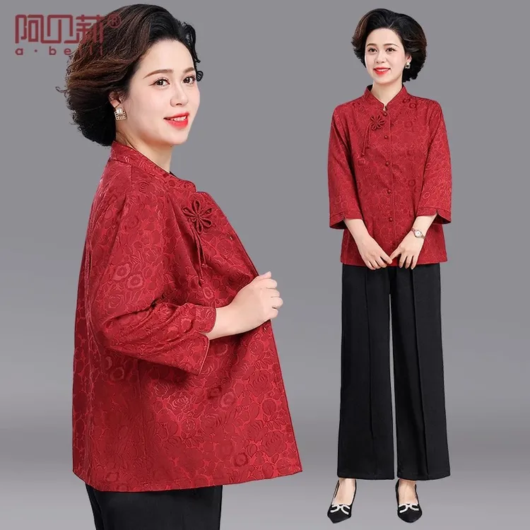 品牌妈妈春秋红色喜服中老年女喜婆婆婚宴装2025新款结婚礼服套装