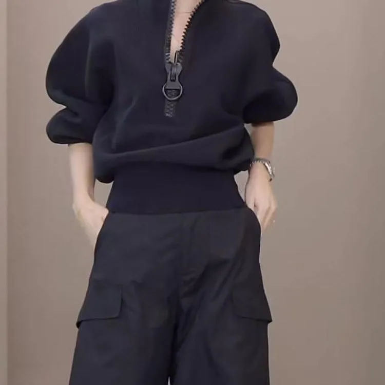 大拉链立领长袖卫衣女2025早秋季新款宽松显瘦短款收腰百搭上衣潮