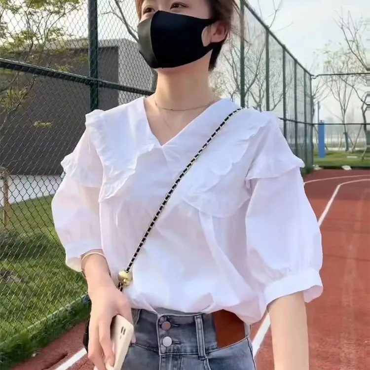 100%纯棉白色短袖衬衫女设计感小众2025夏季新款宽松百搭洋气衬衣