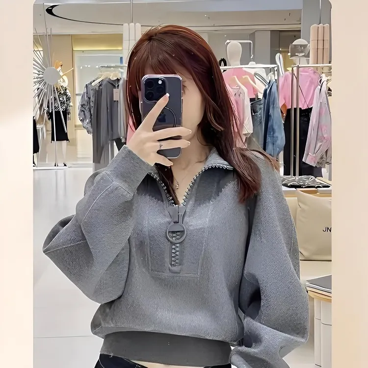 秋冬短款灰色卫衣女高级感超好看立领半拉链小众oversize外套