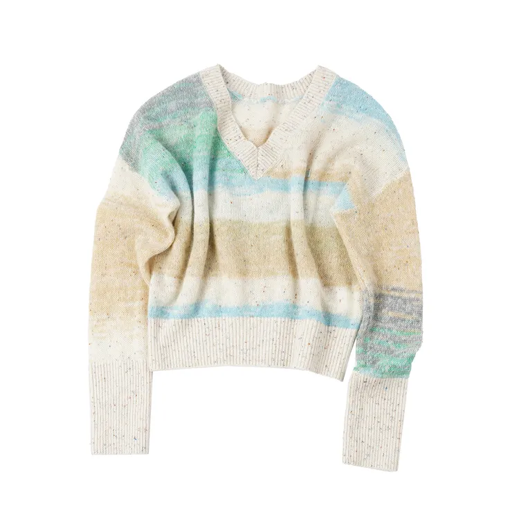 【100羊毛渐变V领毛衣】长袖时尚宽松条纹V领秋冬毛衫TG24MY866