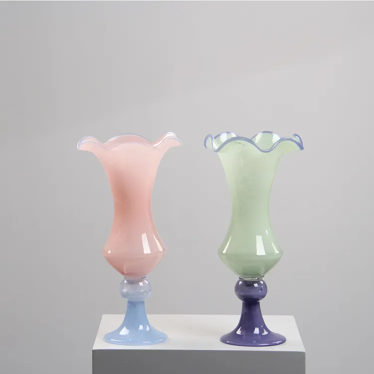 中古铃兰法式复古琉璃花瓶高脚花朵手工厚重玻璃花奢插花装饰