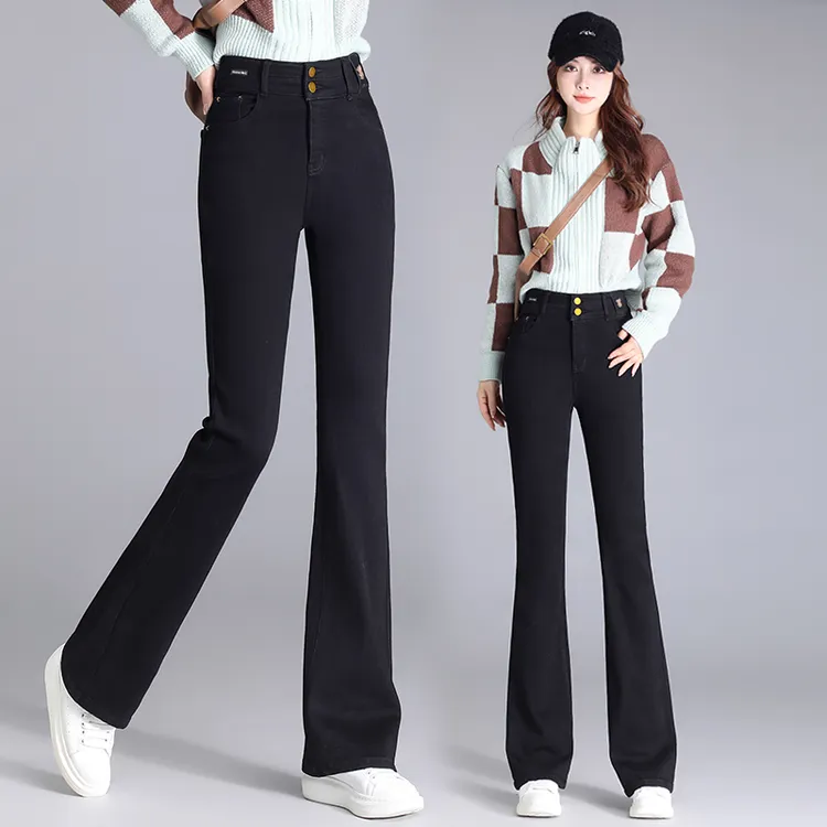 加绒微喇叭牛仔裤女2024年新款冬季弹力高腰显瘦紧身小个子休闲裤