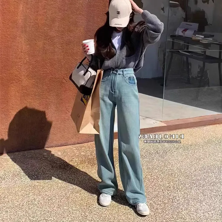 高腰复古直筒牛仔裤女加绒加厚冬季新款显瘦宽松撞色别致阔腿裤子
