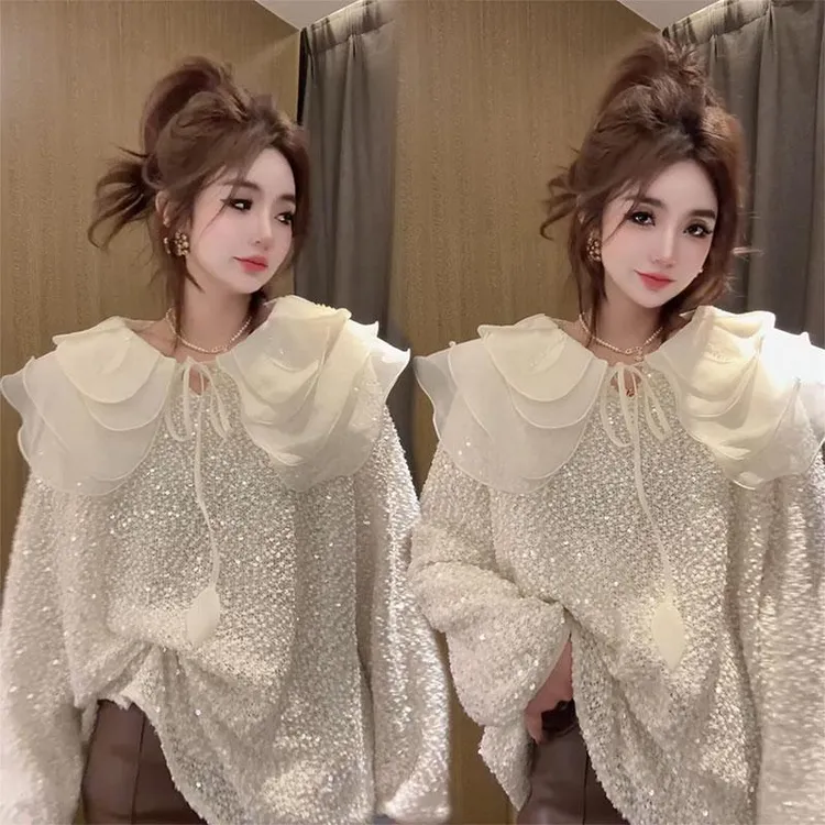 欧货早春新款娃娃领洋气宽松显瘦长袖T恤时尚亮片法式百搭上衣女