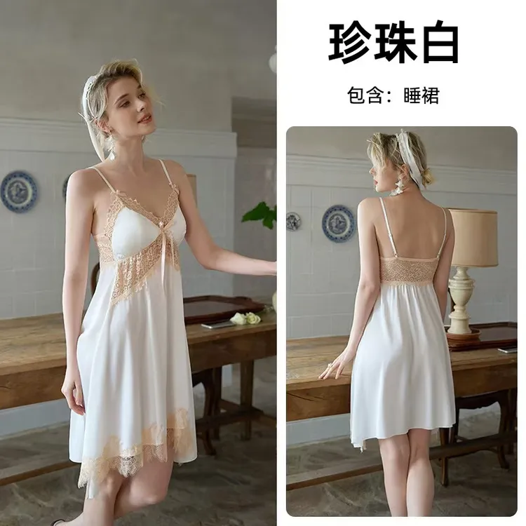 【海宇之恋】性感V领女睡裙连衣裙珍珠白气质显瘦纯欲风一体带胸垫