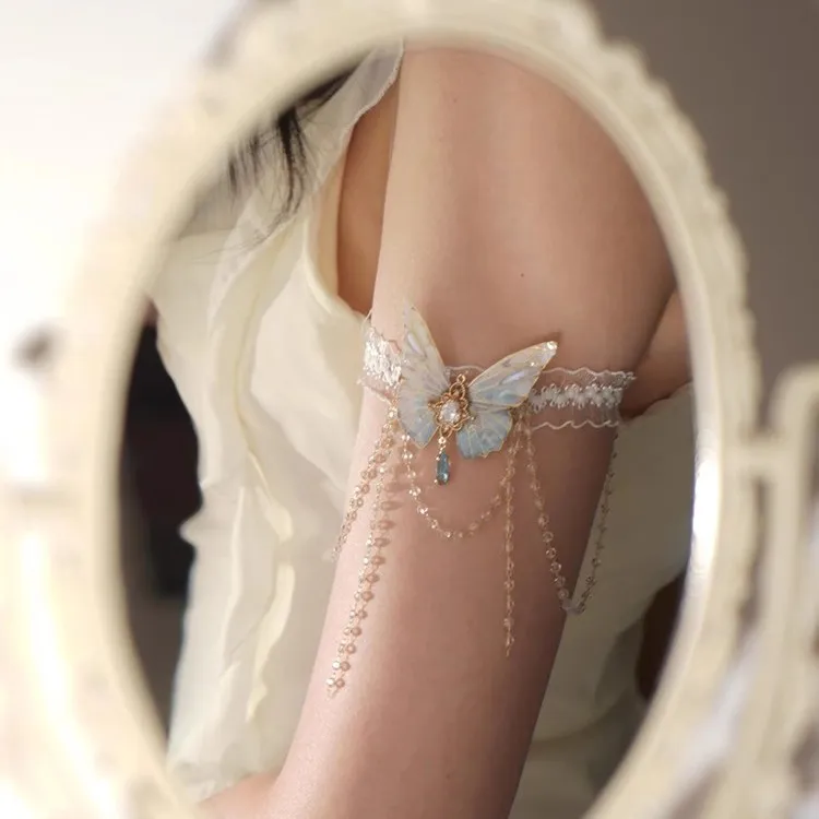 非金属布艺项链 纯欲蕾丝蝴蝶流苏臂环小众设计腿链项链新款手饰