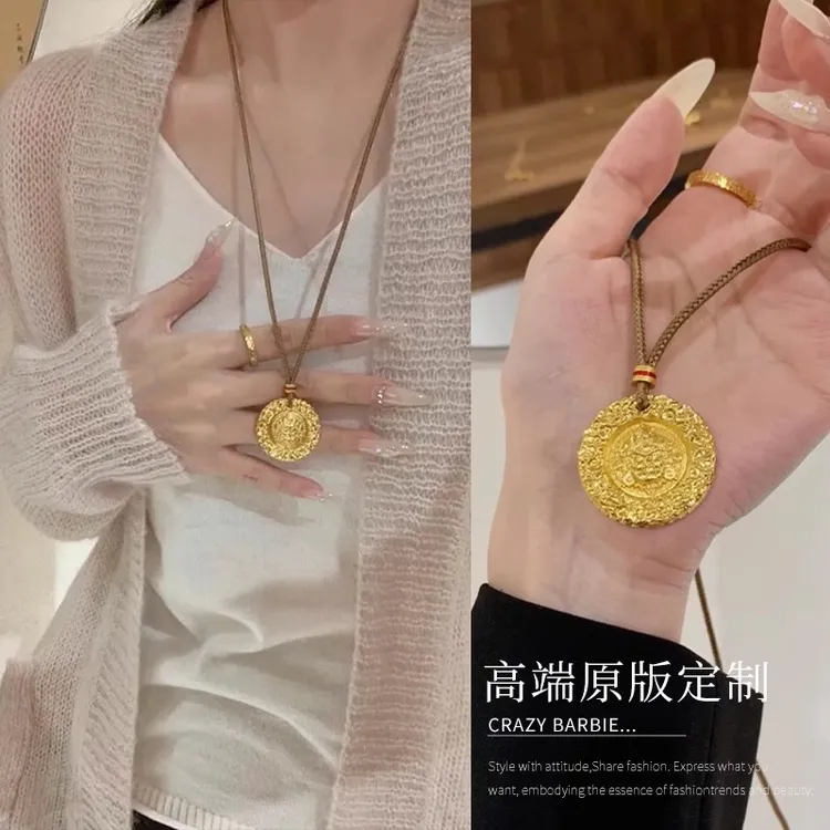 非金属布艺项链 韦雪同款金色罗盘项链复古长款编织绳毛衣链配饰