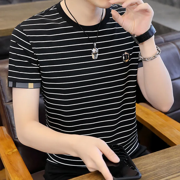 男士2025夏季新款条纹短袖T恤韩版时尚休闲修身帅气潮流POLO衫