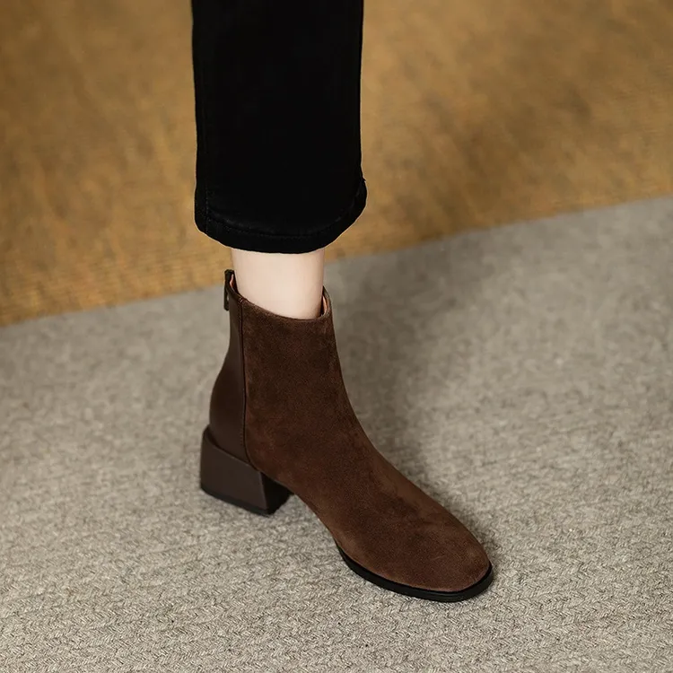 切尔西靴女2024年新款百搭小短靴拉链磨砂拼接单靴复古圆头靴子女