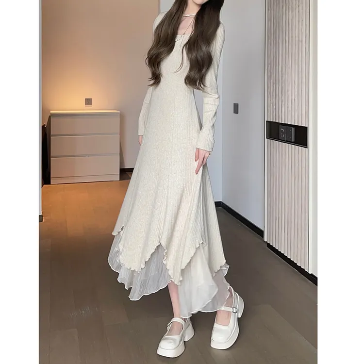 2024秋冬季新款坑条针织裙弹力纯色不规则裙摆连衣裙显瘦打底裙