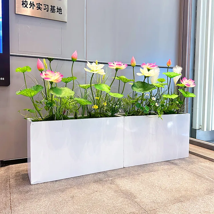 wo+高档仿真PU荷花莲花禅意假花落地花箱公司LOGO墙中餐厅装饰花