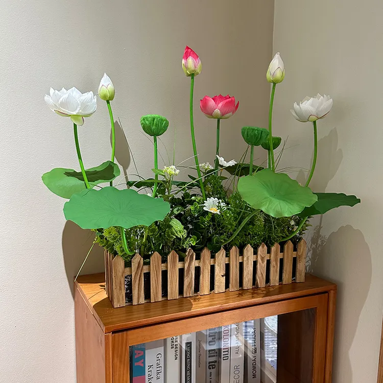wo+仿真荷花莲蓬桌面花艺隔断电视柜装饰假花禅意莲花摆件套装花