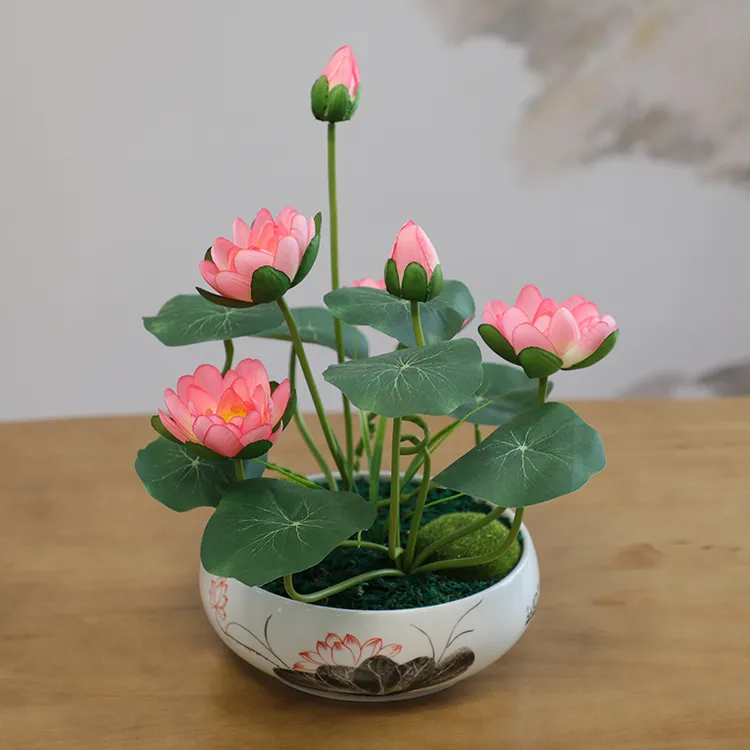 wo+仿真莲花摆件睡莲荷花花盆桌面花艺中国风餐桌年宵花福桶