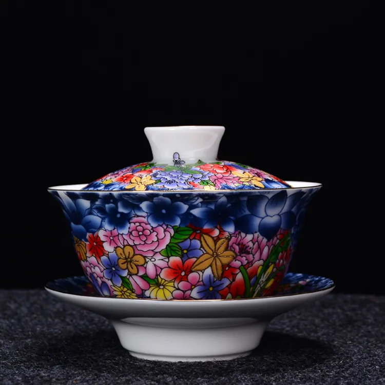 万花锦绣 盖碗陶瓷 茶杯白瓷功夫茶具三才碗介杯泡茶碗手工珐琅彩