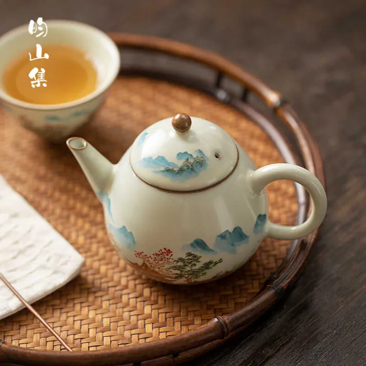 米黄汝窑茶壶锦绣山河美人壶陶瓷功夫茶具家用高档中式泡茶壶单壶