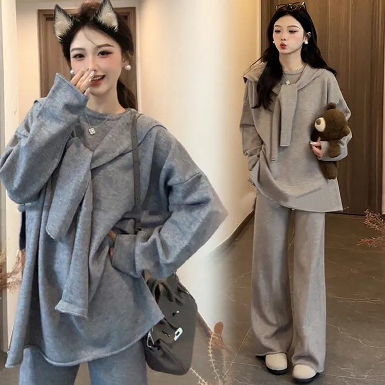 孕妇秋季披肩+毛衣+裤子三件套休闲慵懒风圆领针织孕妇套装潮秋冬