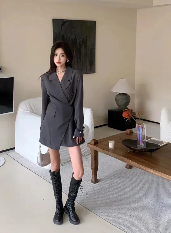 【秋冬季集合】 秋季机能御姐风皮扣西装连衣裙