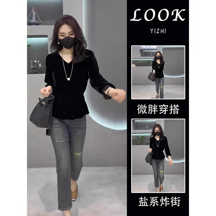 2025丝绒上衣新款高端欧货洋气修身打底衫高级感黑色长袖衬衫女春