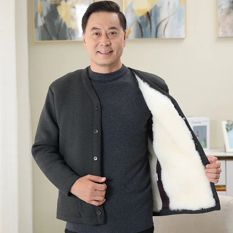 冬季加绒加厚中老年男士爸爸装羊皮毛一体新中式保暖棉袄棉服外套