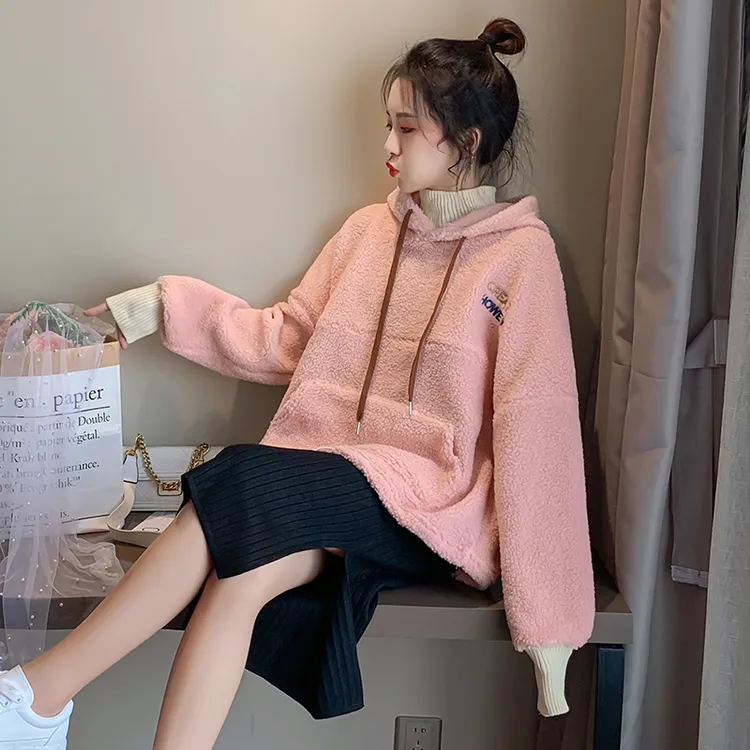 孕妇上衣冬季宽松加绒加厚绒羔羔绒面孕妇装卫衣百搭连帽孕妇上衣