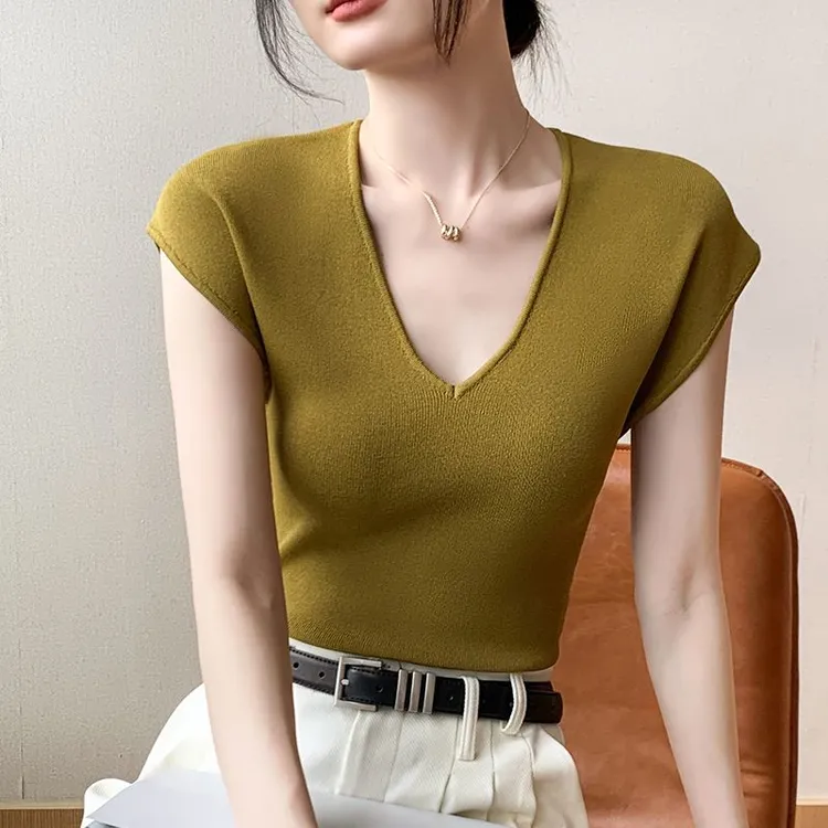 冰丝短袖t恤女2024夏季新款bf遮副乳收腰显瘦背心坎肩无袖V领上衣
