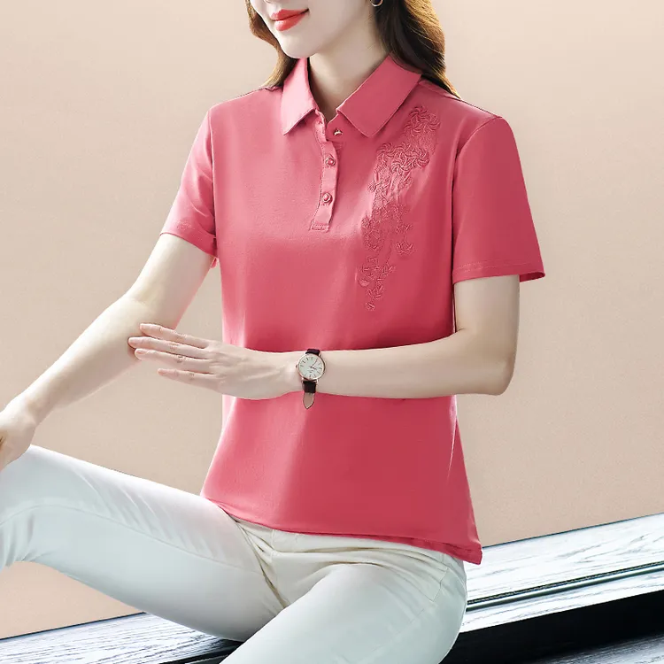 短袖t恤女士夏季2024年新款妈妈POLO衫大码休闲翻领百搭洋气上衣