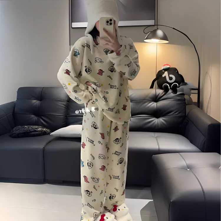 【冬季加厚】法兰绒睡衣女可爱卡通冬季休闲家居服宽松简约舒适套装