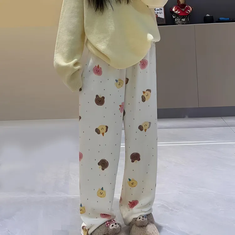 冬季睡裤女秋冬加绒加厚珊瑚绒可爱保暖法兰绒家居裤宽松直筒外穿