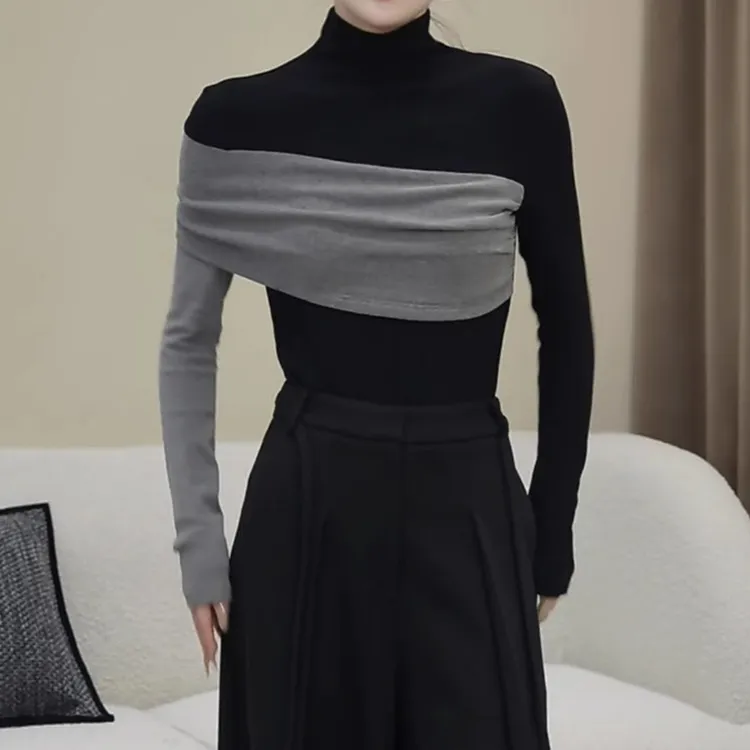 梦优莱春秋冬小众撞色长袖T恤修身显瘦打底衫女设计感半高领上衣