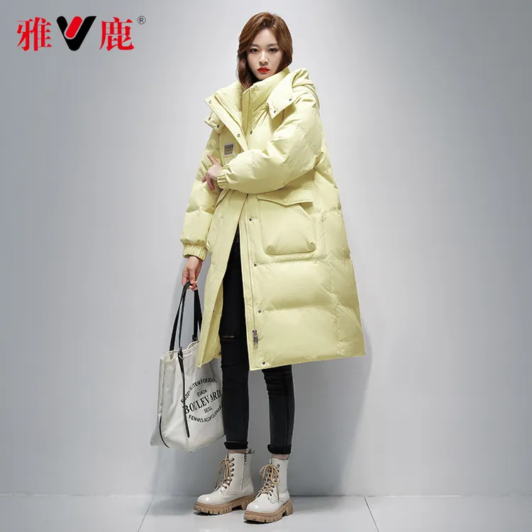 【雅鹿】华夫格羽绒服时尚连帽长款过膝加厚保暖冬季休闲女士宽松