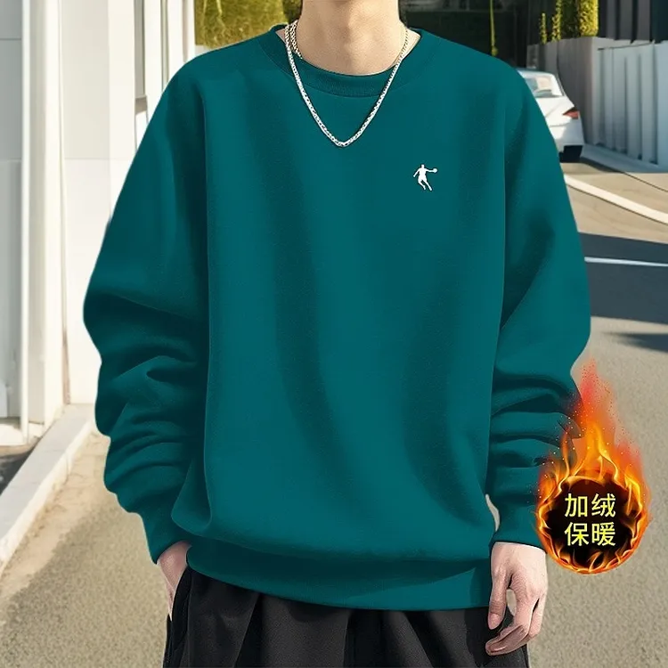 乔丹加绒卫衣男2025春季新款圆领宽松大码长袖保暖打底衫运动服