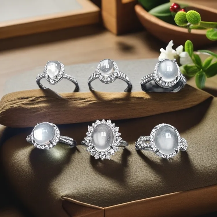 S925银镶嵌戒指女天然石英质玉水沫子高冰透蛋面戒指多样发其一