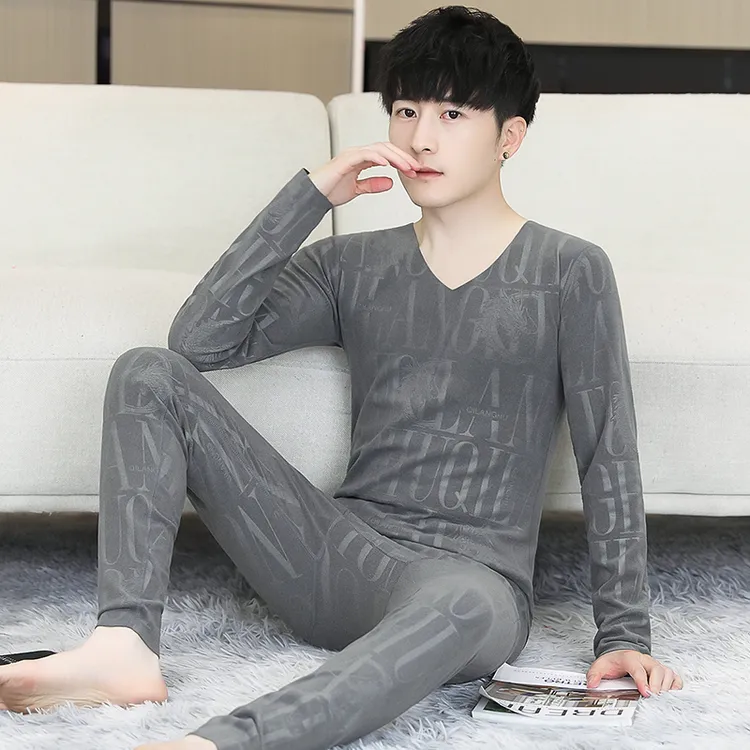 双面德绒保暖内衣套装男士冬季贴身衣物V领无痕薄款打底秋衣秋裤