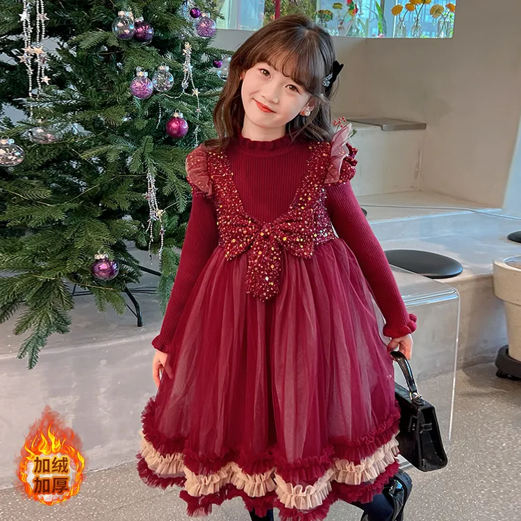 女童冬装连衣裙加绒蓬蓬裙小女孩拜年服中大童新年酒红色公主裙潮