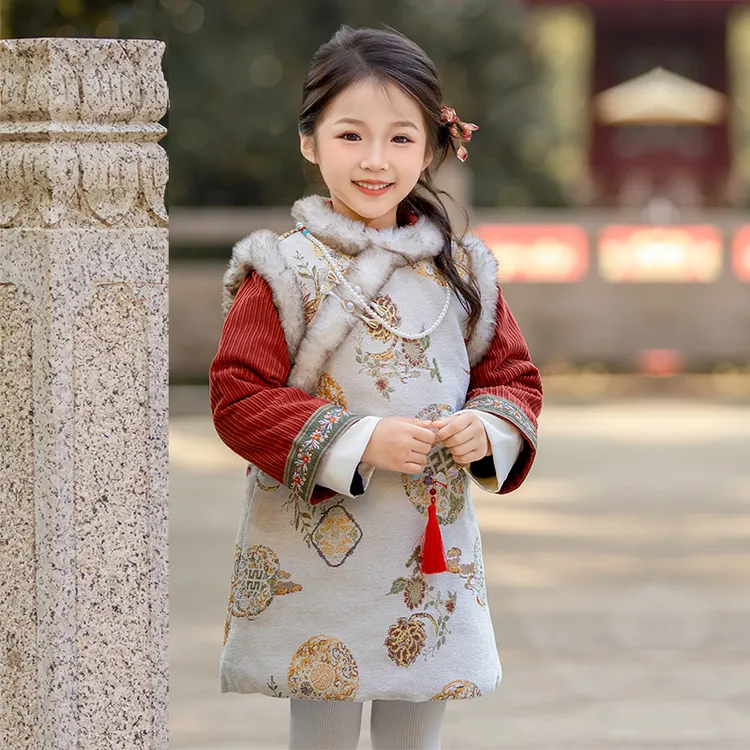 女童汉服连衣裙冬季2024新款女中大童中国风复古加绒旗袍连衣裙潮