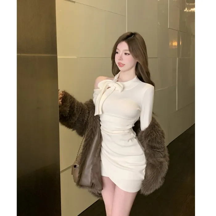 性感纯欲风御姐露肩弹力针织连衣裙子蝴蝶结收腰显瘦包臀长袖短裙
