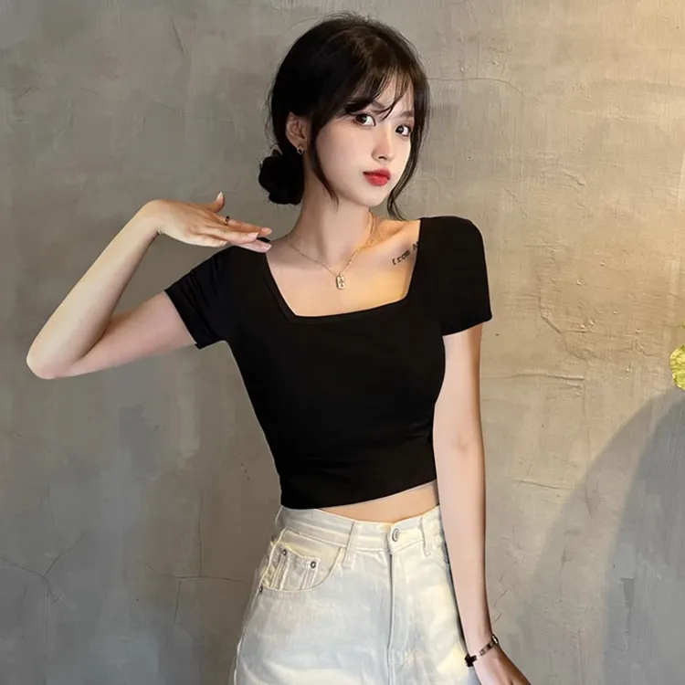 JS黑色方领短款露脐T恤短袖女士夏季显瘦紧身百搭高腰ins风上衣A2