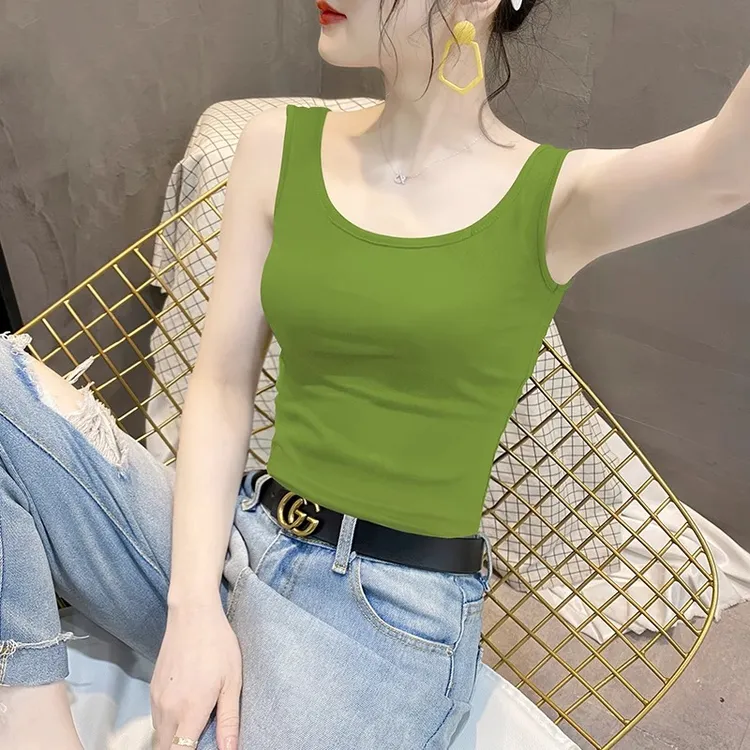 JS夏季新款双U领吊带背心女牛油果绿美外穿背短款无袖打底上衣A1
