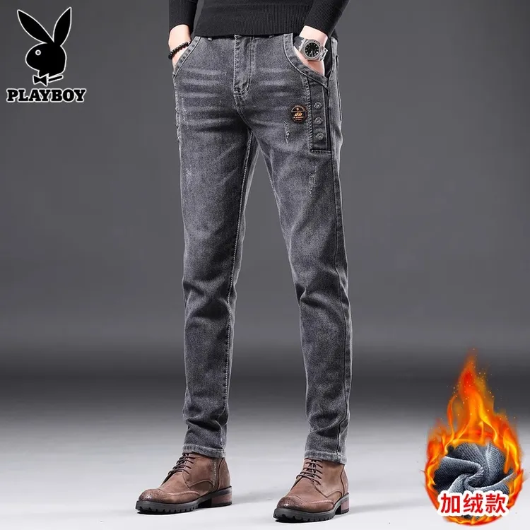 花花公子牛仔裤男士秋冬季2025新款加绒修身小脚休闲弹力长裤子男