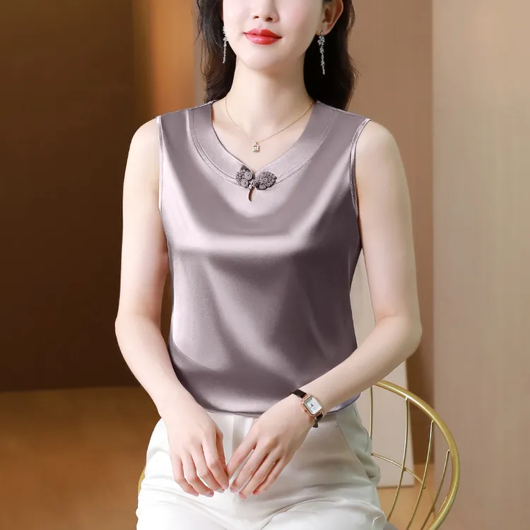 气质立领打底背心女款内搭上衣夏季新中式无袖盘扣外穿缎面小吊带