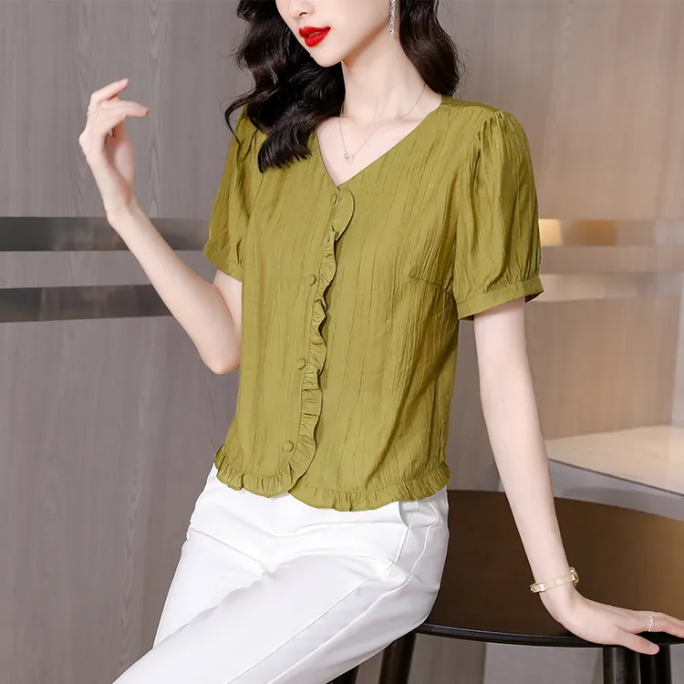 棉麻衬衫女短袖夏季妈妈别致漂亮小衫宽松显瘦百搭荷叶边短款上衣