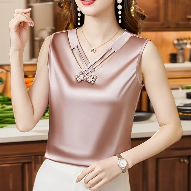 夏季西装内搭打底衫女大码新款缎面时尚气质背心无袖v领外穿上衣 