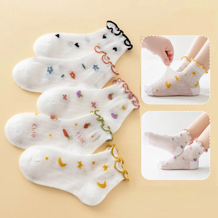 儿童袜春夏透气学生木耳边中筒袜子网眼宝宝女童儿童袜子薄款防臭