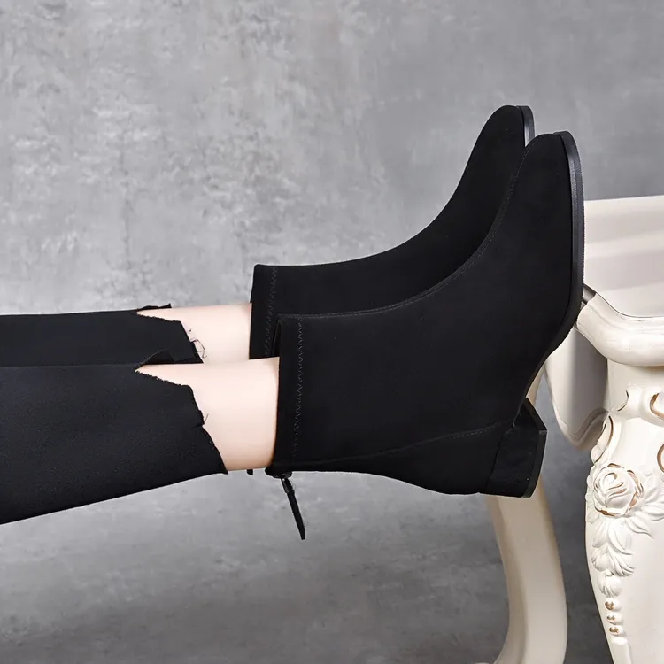 羊皮小短靴瘦瘦靴女2023年秋冬粗跟时尚百搭加绒中跟圆头磨砂单靴